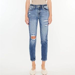 KanCan Clemence Medium Wash High Rise Straight Leg Raw Waist Mom Jeans 29 Blue